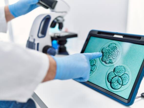 Fertility specialist analyzing aneuploid embryos on a digital screen during IVF embryo testing to detect chromosomal abnormalities like trisomy and monosomy.